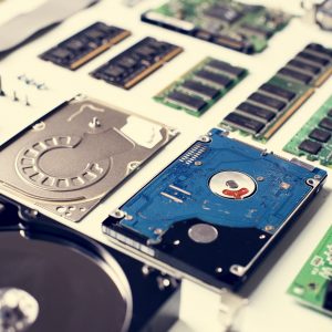 Closeup of computer hard disk drive